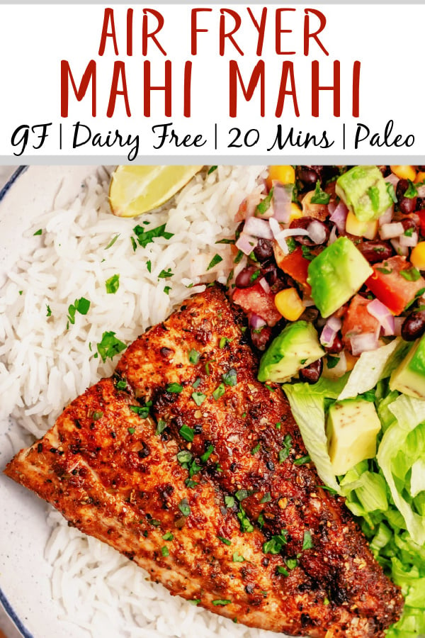 This simple air fryer Mahi Mahi is a must try. It's gluten free, dairy free, and is ready in 15 minutes. It's even keto and Whole30! The homemade seasoning uses a few staple ingredients and makes for a delicious mahi mahi in no time. Upgrade your air fryer and your fish game at the same time! #healthyrecipes #healthyfishrecipes #glutenfreerecipes #dairyfreerecipes #glutenfreedairyfreerecipes #fish