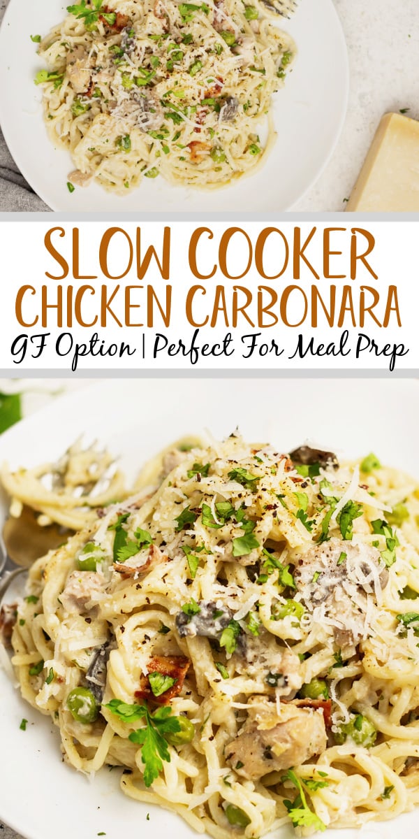 This slow cooker chicken carbonara is an easy dish that makes enough for the whole family. It's simple to make gluten free and with the chicken and bacon flavors is sure to be a hit with everyone. Chicken carbonara is a staple dish in the pasta world and this recipe makes it a snap with the crock pot doing all the work! #crockpotrecipes #chickenpastarecipes #chickenrecipes #pastarecipes