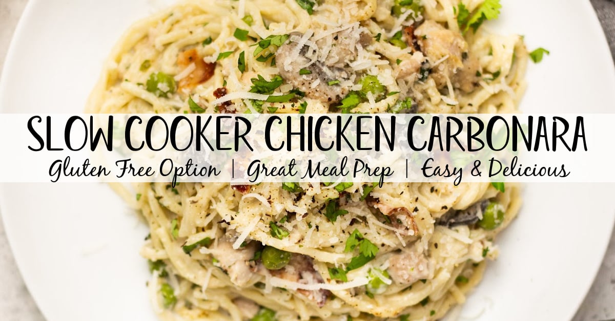 This slow cooker chicken carbonara is an easy dish that makes enough for the whole family. It's simple to make gluten free and with the chicken and bacon flavors is sure to be a hit with everyone. Chicken carbonara is a staple dish in the pasta world and this recipe makes it a snap with the crock pot doing all the work! #crockpotrecipes #chickenpastarecipes #chickenrecipes #pastarecipes