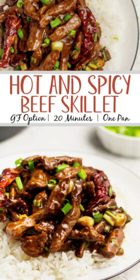 This hot and spicy beef recipe is a healthy, family friendly version of a classic recipe. It's simple to make gluten free and is perfect for both dinner and meal prep. The recipe is ready in 20 minutes and uses only one pan and just a few staple ingredients. Skip the take out line and make your own hot and spicy beef! #30minutemeals #glutenfreerecipes #onepanmeals #beefdinnerrecipes #skilletrecipes