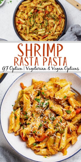 This rasta pasta recipe is made with shrimp, jerk seasoning, and fresh veggies. It's super easy to make gluten free, dairy free, or completely vegan. This recipe is ready in under 30 minutes and is incredibly versatile. Make it in a skillet or in the instant pot or add extra veggies and make it to your style! #shrimppasta #pastarecipes #healthydinnerrecipes #glutenfreerecipes #quickdinnerrecipes