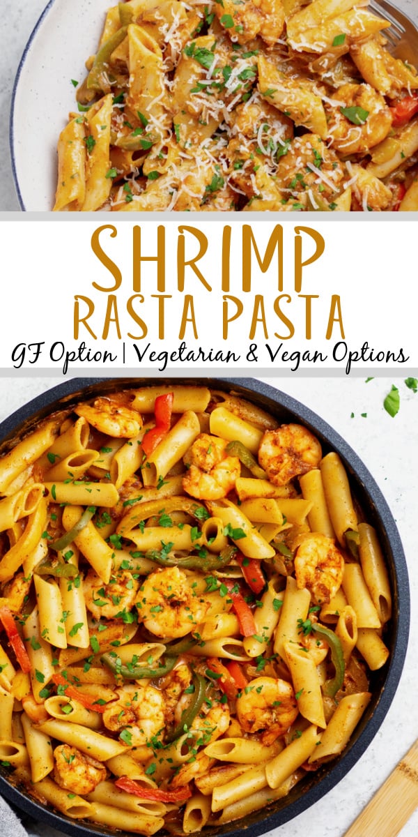This rasta pasta recipe is made with shrimp, jerk seasoning, and fresh veggies. It's super easy to make gluten free, dairy free, or completely vegan. This recipe is ready in under 30 minutes and is incredibly versatile. Make it in a skillet or in the instant pot or add extra veggies and make it to your style! #shrimppasta #pastarecipes #healthydinnerrecipes #glutenfreerecipes #quickdinnerrecipes