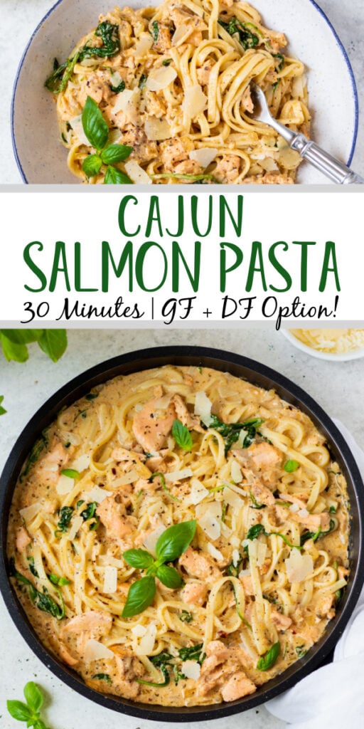 This cajun salmon pasta recipe is a great skillet meal to spice up your salmon without much effort. This is an easy recipe to make gluten free or dairy free and makes for a hearty and filling pasta meal. It only takes about 30 minutes to have a creamy and flavorful salmon pasta dish on the dinner table. #cajunsalmonpasta #cajunpasta #salmonpasta