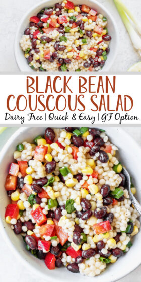 This black bean couscous salad is a great choice for a fresh and flavorful salad with minimal effort. It can be made gluten free and is naturally dairy free. The black beans, cilantro, and corn play well with the seasonings and combine for a satisfying salad that's perfect for a weeknight dinner or a group gathering. #couscoussalad #glutenfreerecipes #dairyfreerecipes #glutenfreedairyfreerecipes #healthysaladrecipes