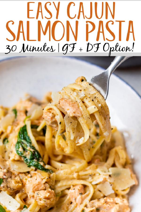 This cajun salmon pasta recipe is a great skillet meal to spice up your salmon without much effort. This is an easy recipe to make gluten free or dairy free and makes for a hearty and filling pasta meal. It only takes about 30 minutes to have a creamy and flavorful salmon pasta dish on the dinner table. #cajunsalmonpasta #cajunpasta #salmonpasta
