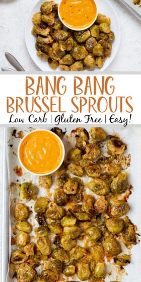 Bang bang brussel sprouts are the perfect versatile recipe for both a family dinner or a larger get together. They are gluten free and dairy free, made with sriracha and sweet chili sauce, and can be both an appetizer with a mayo dipping sauce or a tasty side dish! #glutenfreerecipes #dairyfreerecipes #glutenfreedairyfreerecipes #brusselsprouts #healthyrecipes #meatlessrecipes