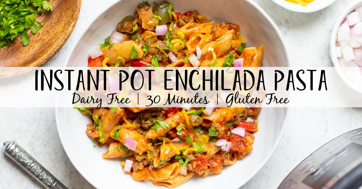Instant Pot enchilada pasta is a tasty and versatile recipe to get even more use out of your pressure cooker. It's a super easy recipe to make gluten free or dairy free and can be made on the stovetop if you wish as well. You get all the flavors of enchiladas that you love with the speed and convenience of the Instant Pot. #glutenfreerecipes #dairyfreerecipes #glutenfreedairyfreerecipes #healthydinnerrecipes #beefrecipes #enchilada