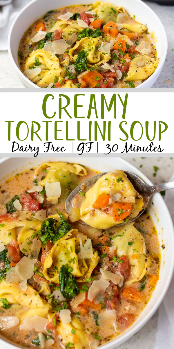 Instant pot tortellini soup is an easy win. This recipe can be made gluten free or dairy free and since it uses the Instant Pot, it'll dirty only one dish and be ready quickly. The creaminess of the broth combined with the carrots and spinach makes for a tasty soup, especially with the tortellini. Besides when it's ready in 30 minutes you can't go wrong! #instantpot #glutenfreerecipes #dairyfreerecipes #tortellinisoup #healthydinnerrecipes