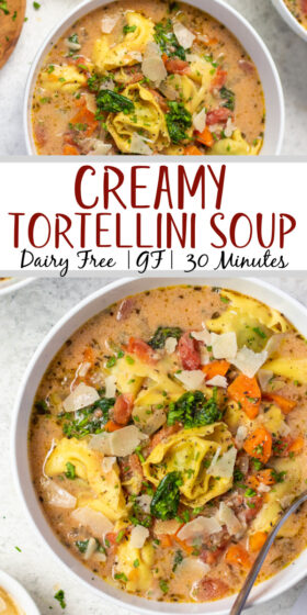 Instant pot creamy tortellini soup is an easy win. This recipe can be made gluten free or dairy free and since it uses the Instant Pot, it'll dirty only one dish and be ready quickly. The creaminess of the broth combined with the carrots and spinach makes for a tasty soup, especially with the tortellini. Besides when it's ready in 30 minutes you can't go wrong! #instantpot #glutenfreerecipes #dairyfreerecipes #tortellinisoup #healthydinnerrecipes