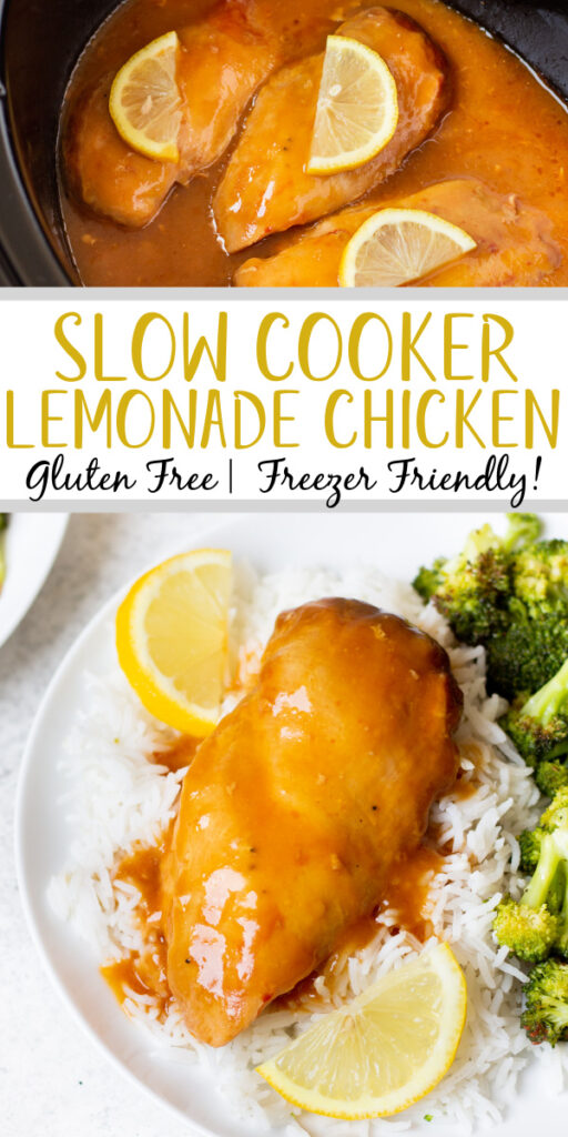 This lemonade chicken crock pot recipe is so easy to throw together into your slow cooker and is always a family favorite! The tangy lemon sauce is delicious over rice or noodles, and the ingredients are all simple pantry staple items. It's budget friendly, freezer friendly, dairy free, gluten free and just perfect for quick weeknight dinners! #lemonadechicken #lemonchicken #slowcookerchicken #crockpotchicken