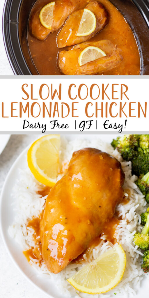 This lemonade chicken crock pot recipe is so easy to throw together into your slow cooker and is always a family favorite! The tangy lemon sauce is delicious over rice or noodles, and the ingredients are all simple pantry staple items. It's budget friendly, freezer friendly, dairy free, gluten free and just perfect for quick weeknight dinners! #lemonadechicken #lemonchicken #slowcookerchicken #crockpotchicken
