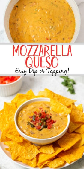 This queso mozzarella is a simple recipe that will get a tasty queso dip on your table fast. It uses only a handful of ingredients from the pantry you probably have on hand already to make a white cheese dip with mozzarella. The recipe is a versatile one and can be used anywhere you need a cheese dip or topping. Using only one pan and keeping the dishes to a minimum, this recipe is great to have in your rotation in queso emergency. #queso #whitecheesedip #mozzarellaqueso