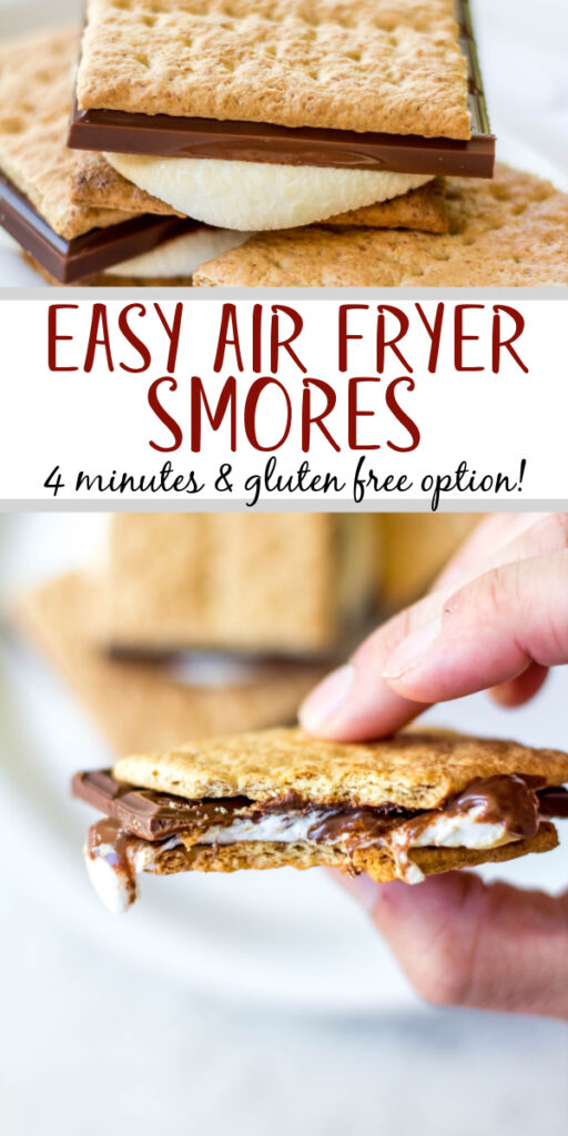Air fryer s'mores makes an easy dessert even simpler and faster without the need for fire! They take 5 minutes total from start to finish and can be the classic s'mores you love or you can customize them to your own taste. You can make them anytime the mood hits you for an easy treat without risking a burnt campfire marshmallow. #airfryersmores #smoresinairfryer #airfryerdesserts