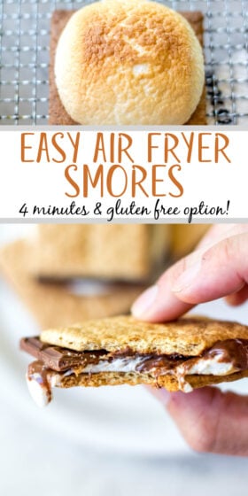 Air fryer s'mores makes an easy dessert even simpler and faster without the need for fire! They take 5 minutes total from start to finish and can be the classic s'mores you love or you can customize them to your own taste. You can make them anytime the mood hits you for an easy treat without risking a burnt campfire marshmallow. #airfryersmores #smoresinairfryer #airfryerdesserts