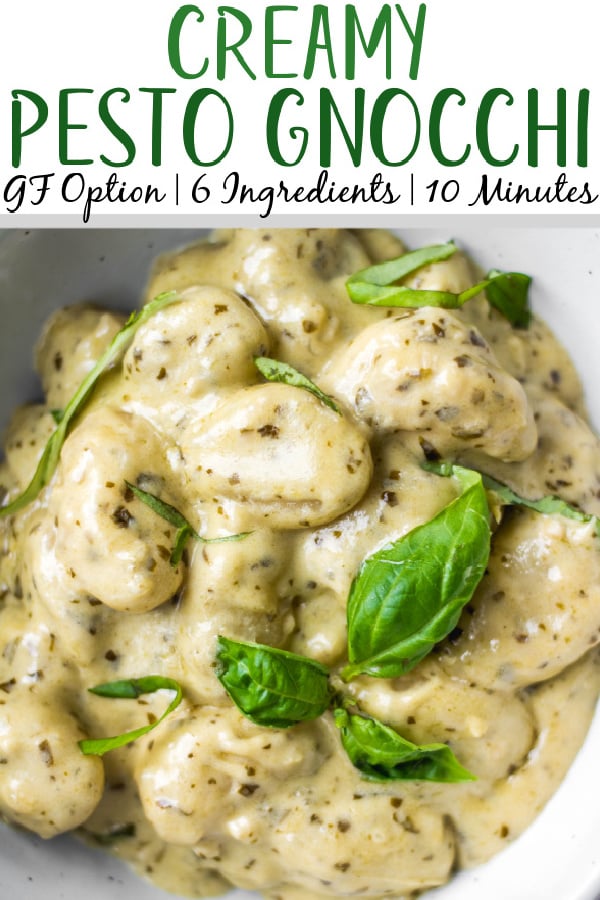 This pesto gnocchi recipe is everything you want in an easy dinner meal. It's only 6 ingredients, cooks in one pot, and the gnocchi is perfectly creamy, cheesy and pillowy! It's a great meatless dinner that takes under 15 minutes and requires no prep time. It can also be easily made gluten free and dairy free! #pestorecipes #gnocchirecipes #onepotpasta #pesto #glutenfreepasta
