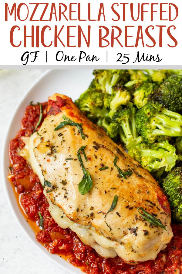 A mozzarella stuffed chicken breast is a simple gluten free option for a meal. This recipe takes about 20 minutes to make and only uses one pan. It uses extremely few staple ingredients that combine into a filling and delicious dinner that is versatile enough to serve on its own or with any number of side options. #glutenfreerecipes #healthychickenrecipes #fastdinnerrecipes #chickenbreast #stuffedchicken