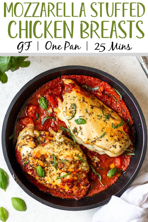 A mozzarella stuffed chicken breast is a simple gluten free option for a meal. This recipe takes about 20 minutes to make and only uses one pan. It uses extremely few staple ingredients that combine into a filling and delicious dinner that is versatile enough to serve on its own or with any number of side options. #glutenfreerecipes #healthychickenrecipes #fastdinnerrecipes #chickenbreast #stuffedchicken