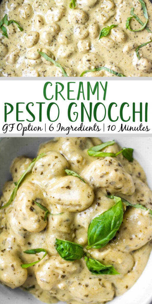 This pesto gnocchi recipe is everything you want in an easy dinner meal. It's only 6 ingredients, cooks in one pot, and the gnocchi is perfectly creamy, cheesy and pillowy! It's a great meatless dinner that takes under 15 minutes and requires no prep time. It can also be easily made gluten free and dairy free! #pestorecipes #gnocchirecipes #onepotpasta #pesto #glutenfreepasta