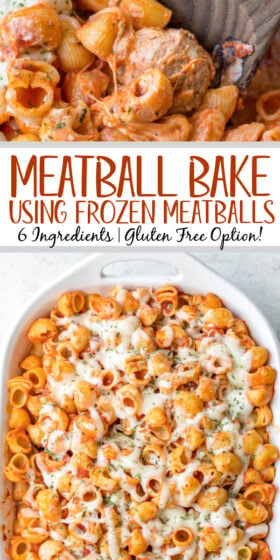 This easy meatball pasta bake is a quick dinner recipe that is made simple by using a bag of frozen meatballs. This recipe is easy to make gluten free, is family friendly, and will make enough to feed the whole crew. The meatball casserole is a perfect dinner option and since it reheats well, it is also great for meal prep. It can be layered ahead of time and popped into the oven for 35 minutes for a quick meal. #meatball #glutenfreerecipes #casserolerecipes #pastabake